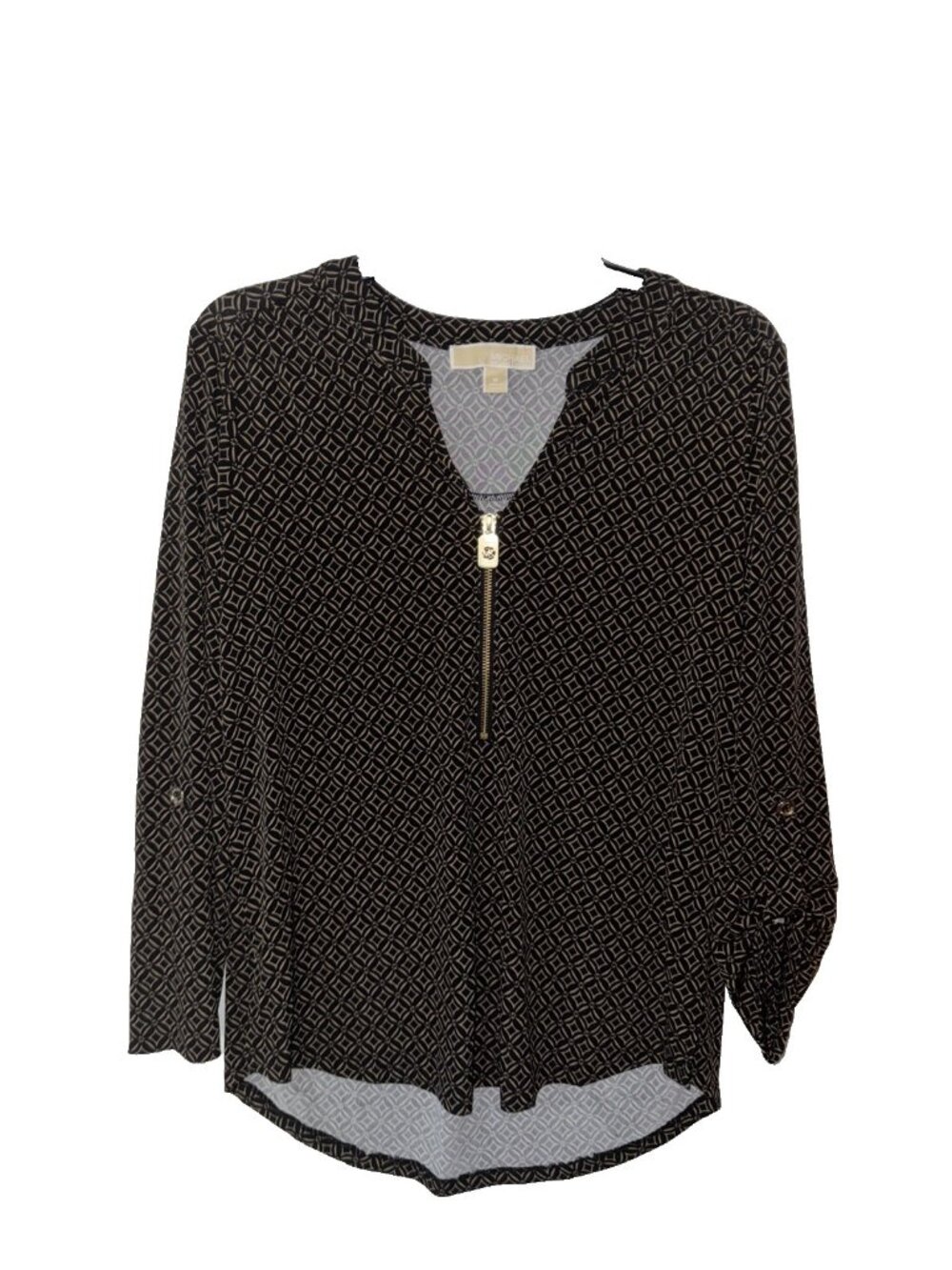 Michael Kors Women’s Black Tan Print Shirt Medium 3/4 Tab Sleeve Pullover